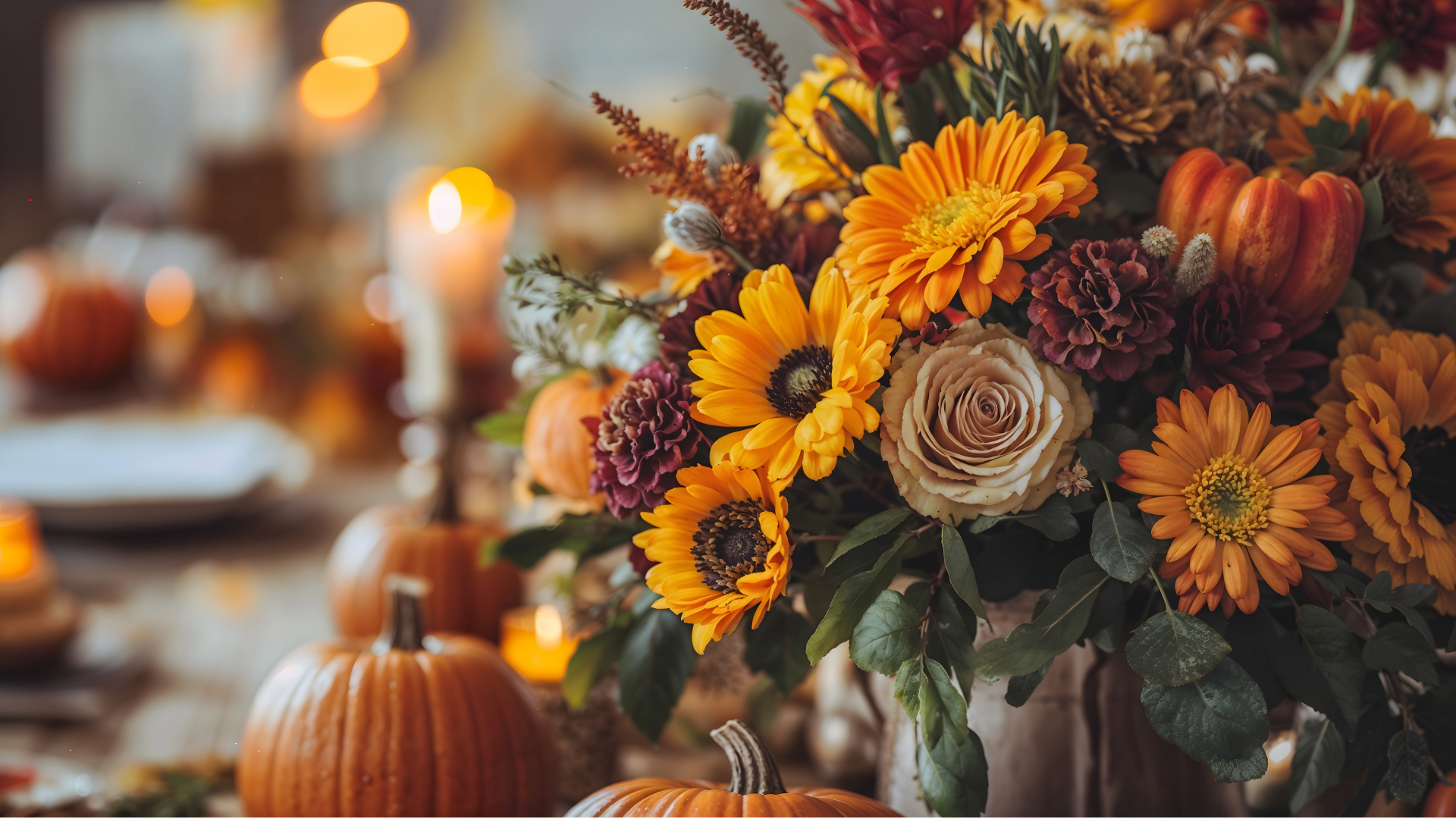 Decorative table setting with pumpkins and a floral arrangement
